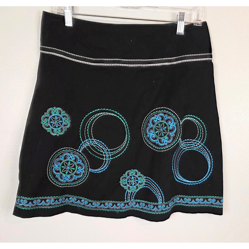 Soulmates Black Embroidered Medallion Mini Skirt Size 7 Boho Teal Blue Stitched